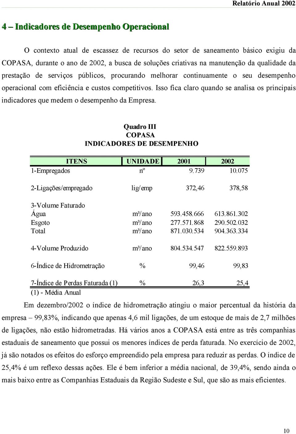 Isso fica claro quando se analisa os principais indicadores que medem o desempenho da Empresa. Quadro III COPASA INDICADORES DE DESEMPENHO ITENS UNIDADE 2001 2002 1-Empregados nº 9.739 10.