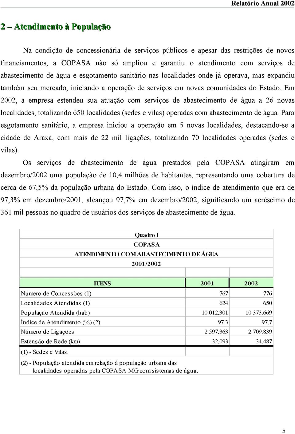 Em 2002, a empresa estendeu sua atuação com serviços de abastecimento de água a 26 novas localidades, totalizando 650 localidades (sedes e vilas) operadas com abastecimento de água.