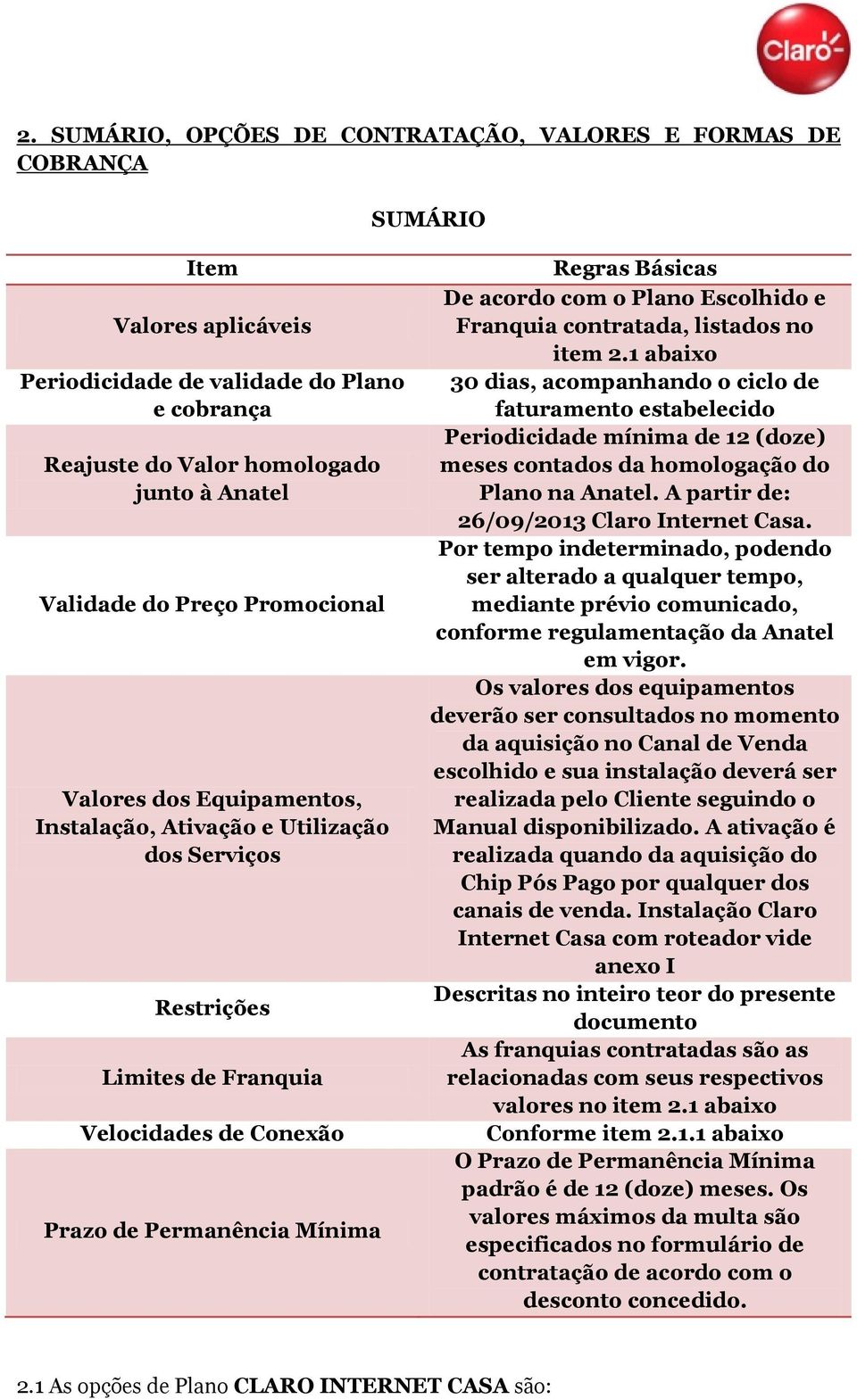 com o Plano Escolhido e Franquia contratada, listados no item 2.