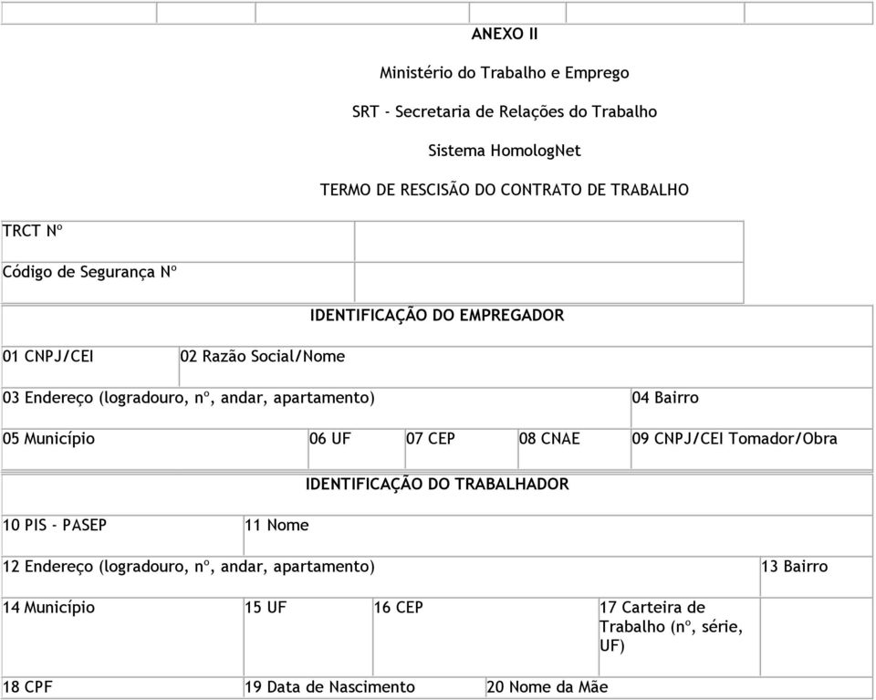 Bairro 05 Município 06 UF 07 CEP 08 CNAE 09 CNPJ/CEI Tomador/Obra 10 PIS - PASEP 11 Nome IDENTIFICAÇÃO DO TRABALHADOR 12 Endereço (logradouro,