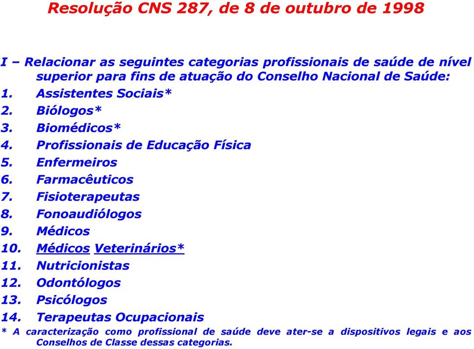 Farmacêuticos 7. Fisioterapeutas 8. Fonoaudiólogos 9. Médicos 10. Médicos Veterinários* 11. Nutricionistas 12. Odontólogos 13. Psicólogos 14.