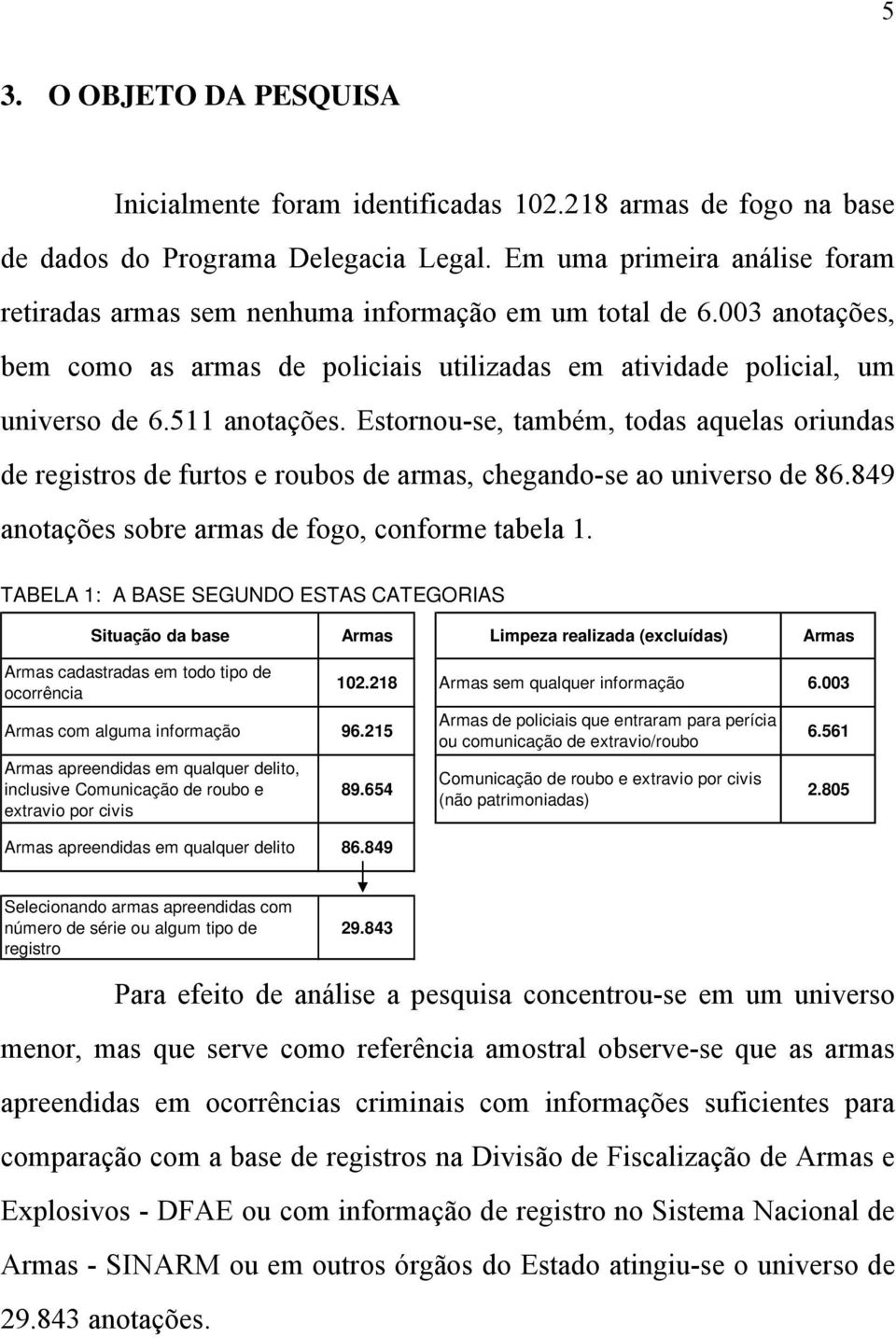 Estornou-se, também, todas aquelas oriundas de registros de furtos e roubos de armas, chegando-se ao universo de 86.849 anotações sobre armas de fogo, conforme tabela 1.