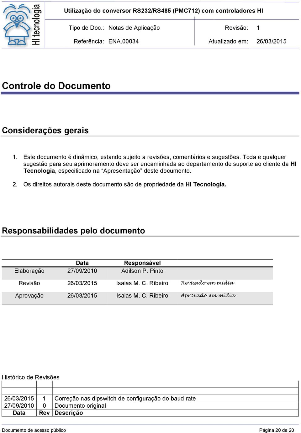 Os direitos autorais deste documento são de propriedade da HI Tecnologia. Responsabilidades pelo documento Data Responsável Elaboração 27/09/2010 Adilson P.