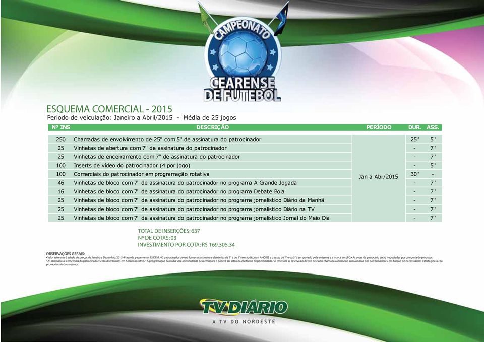 assinatura do patrocinador - 7'' 100 Inserts de vídeo do patrocinador (4 por jogo) - 5'' 100 Comerciais do patrocinador em programação rotativa Jan a Abr/2015 30'' - 46 Vinhetas de bloco com 7'' de