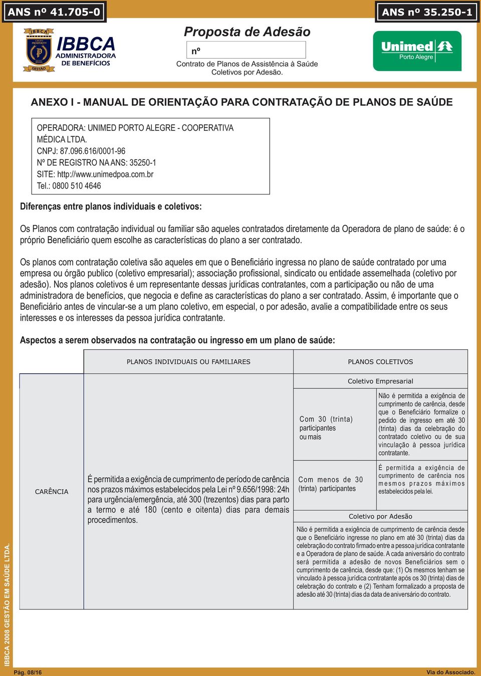 : 0800 510 4646 Diferenças entre planos individuais e coletivos: Os Planos com contratação individual ou familiar são aqueles contratados diretamente da Operadora de plano de saúde: é o próprio