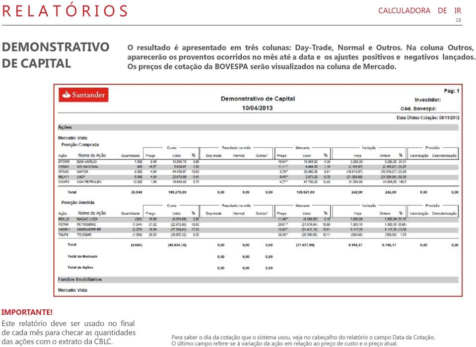 Os preços de cotação da BOVESPA serão visualizados na coluna de Mercado. IMPORTANTE!