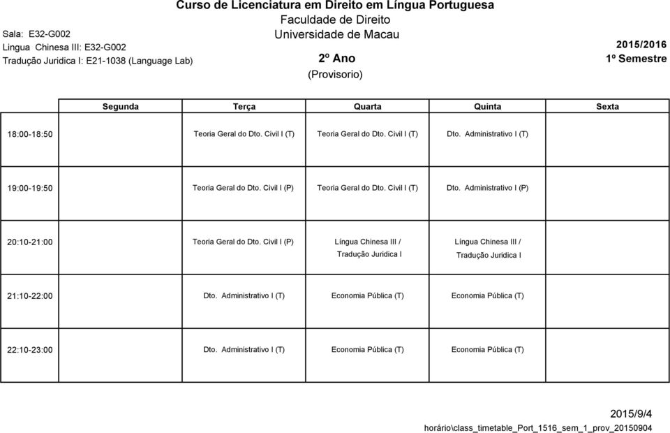 Civil I (T) Dto. Administrativo I (P) 20:10-21:00 Teoria Geral do Dto.