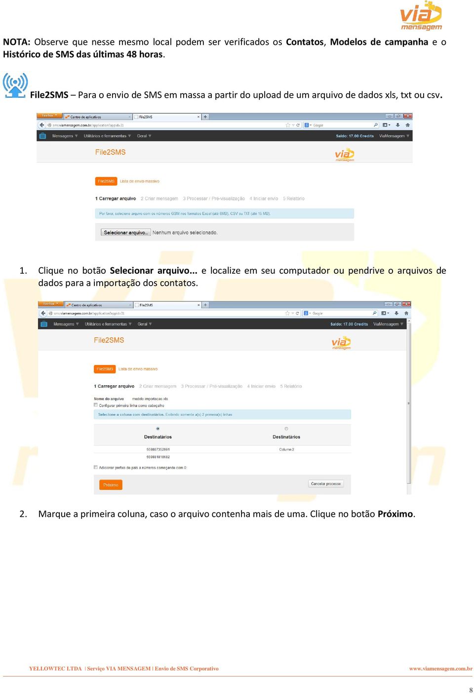 File2SMS Para o envio de SMS em massa a partir do upload de um arquivo de dados xls, txt ou csv. 1.