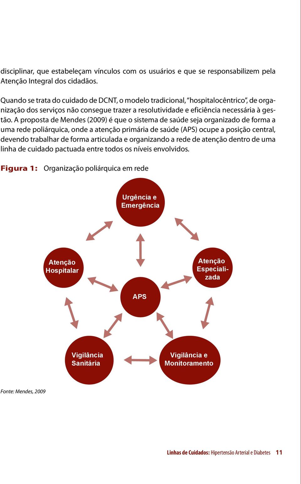 A proposta de Mendes (2009) é que o sistema de saúde seja organizado de forma a uma rede poliárquica, onde a atenção primária de saúde (APS) ocupe a posição central, devendo trabalhar de forma