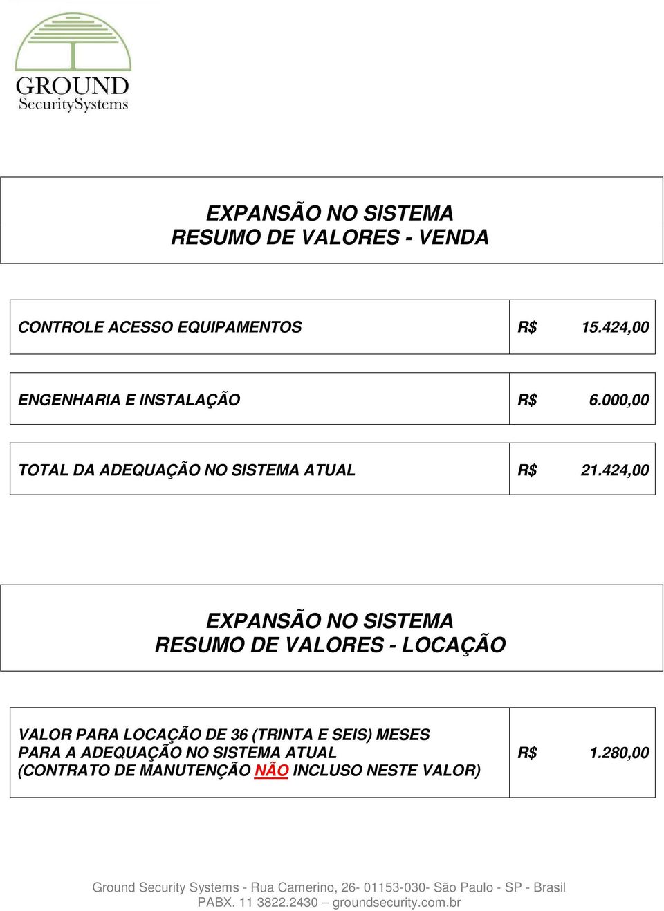 424,00 EXPANSÃO NO SISTEMA RESUMO DE VALORES - LOCAÇÃO VALOR PARA LOCAÇÃO DE 36 (TRINTA E