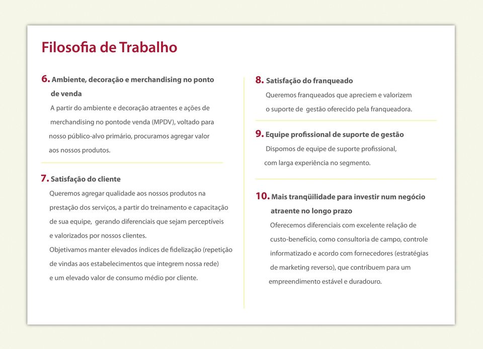 agregar valor aos nossos produtos. 8. Satisfação do franqueado Queremos franqueados que apreciem e valorizem o suporte de gestão oferecido pela franqueadora. 9.