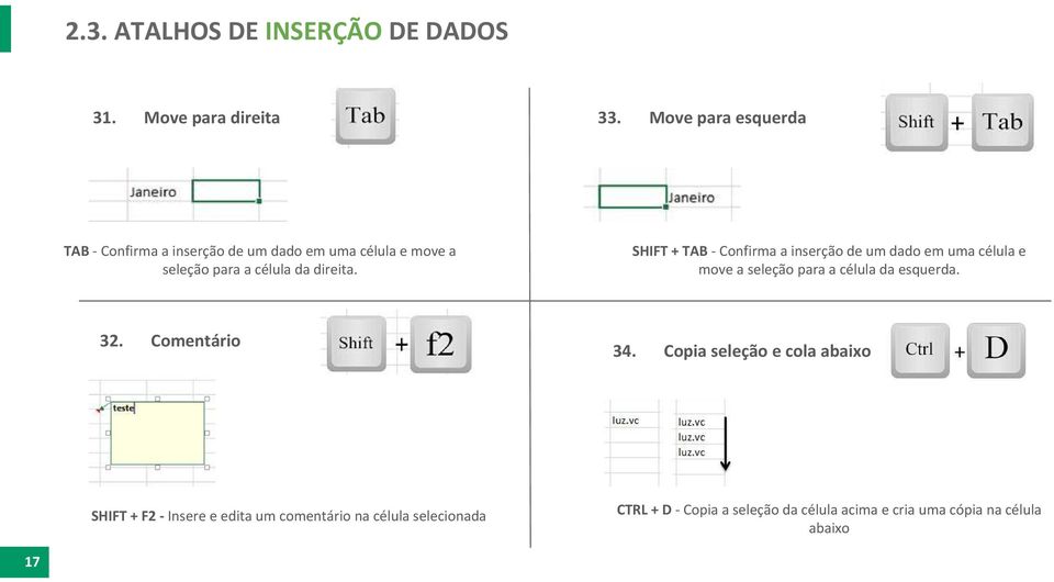 Comentário SHIFT + F2 - Insere e edita um comentário na célula selecionada 17 33.