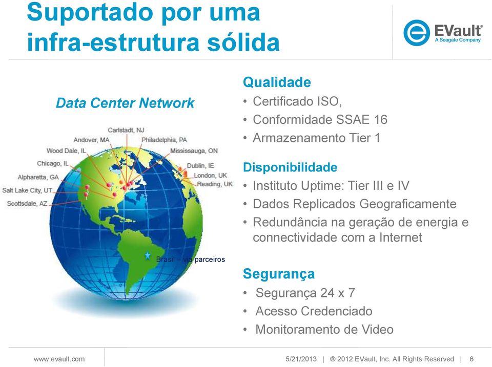 Geograficamente Redundância na geração de energia e connectividade com a Internet Brasil via parceiros