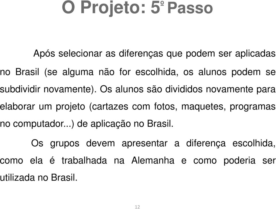 Os alunos são divididos novamente para elaborar um projeto (cartazes com fotos, maquetes, programas no