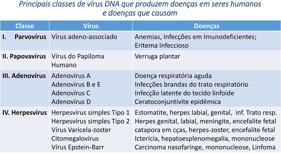 Adenovírus Vírus do Papiloma Humano Adenovírus A Adenovírus B e E Adenovírus C Adenovírus D IV.