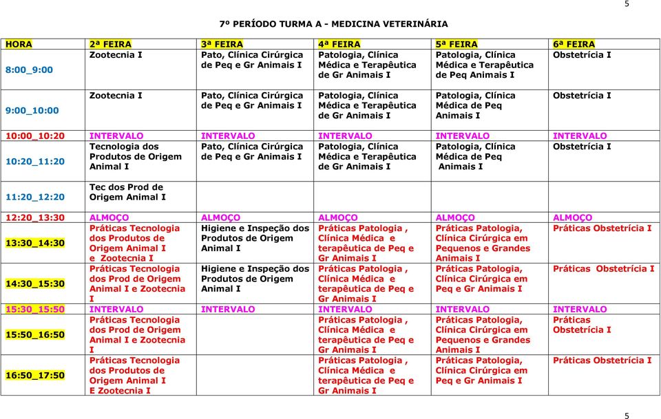 NTERVALO Tecnologia dos Pato, Clínica Cirúrgica Obstetrícia Produtos de Origem de Peq e Gr Animais Médica e Terapêutica Médica de Peq Animal de Gr Animais Animais Tec dos Prod de Origem Animal