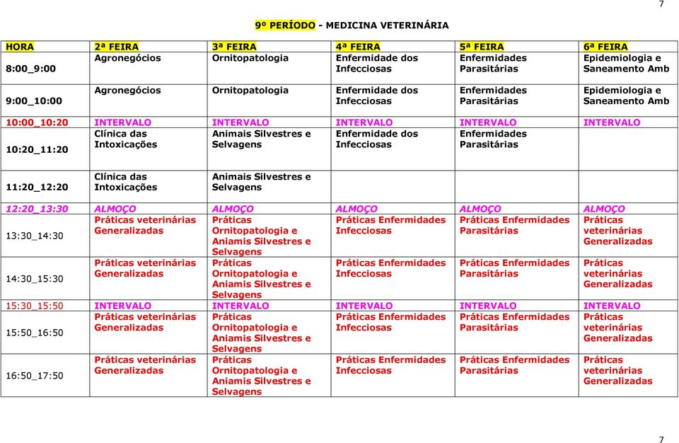 NTERVALO Clínica das Animais Silvestres e Enfermidade dos Enfermidades ntoxicações nfecciosas Clínica das ntoxicações Animais Silvestres e Enfermidades Enfermidades