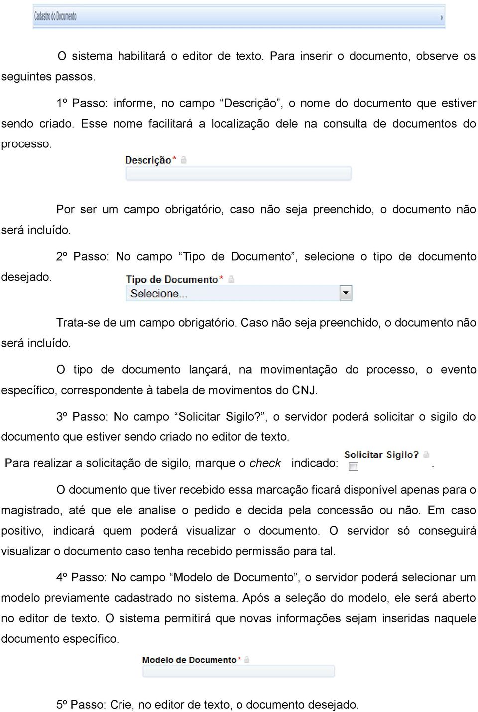 documento desejado Trata-se de um campo obrigatório Caso não seja preenchido, o documento não será incluído O tipo de documento lançará, na movimentação do processo, o evento específico,