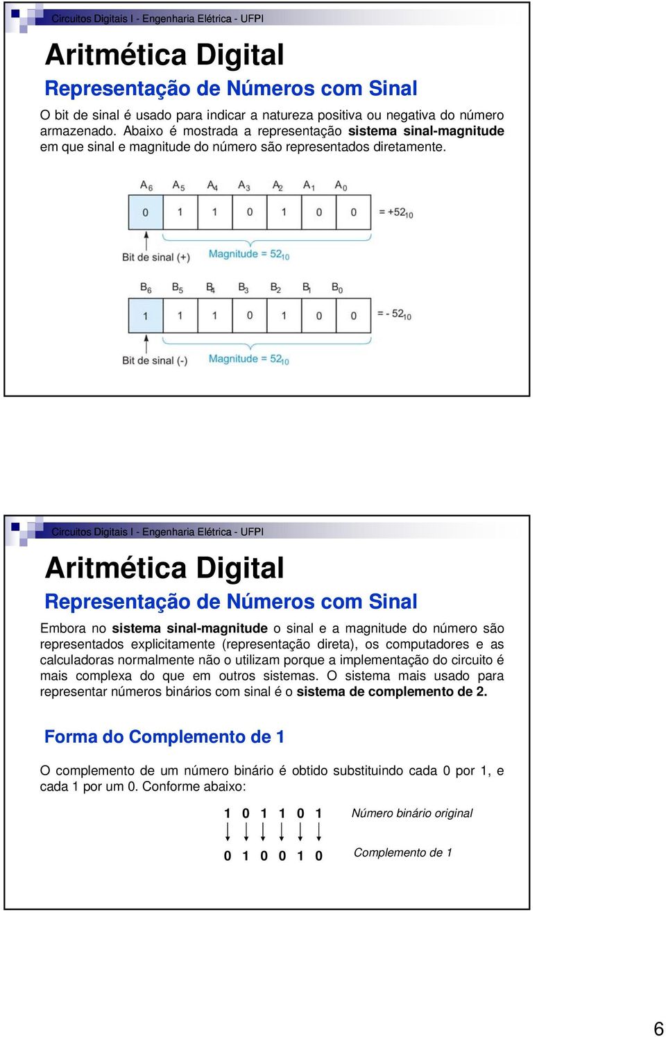 Aritmética Digital Representação de Números com Sinal Embora no sistema sinal-magnitude o sinal e a magnitude do número são representados explicitamente (representação direta), os computadores e as