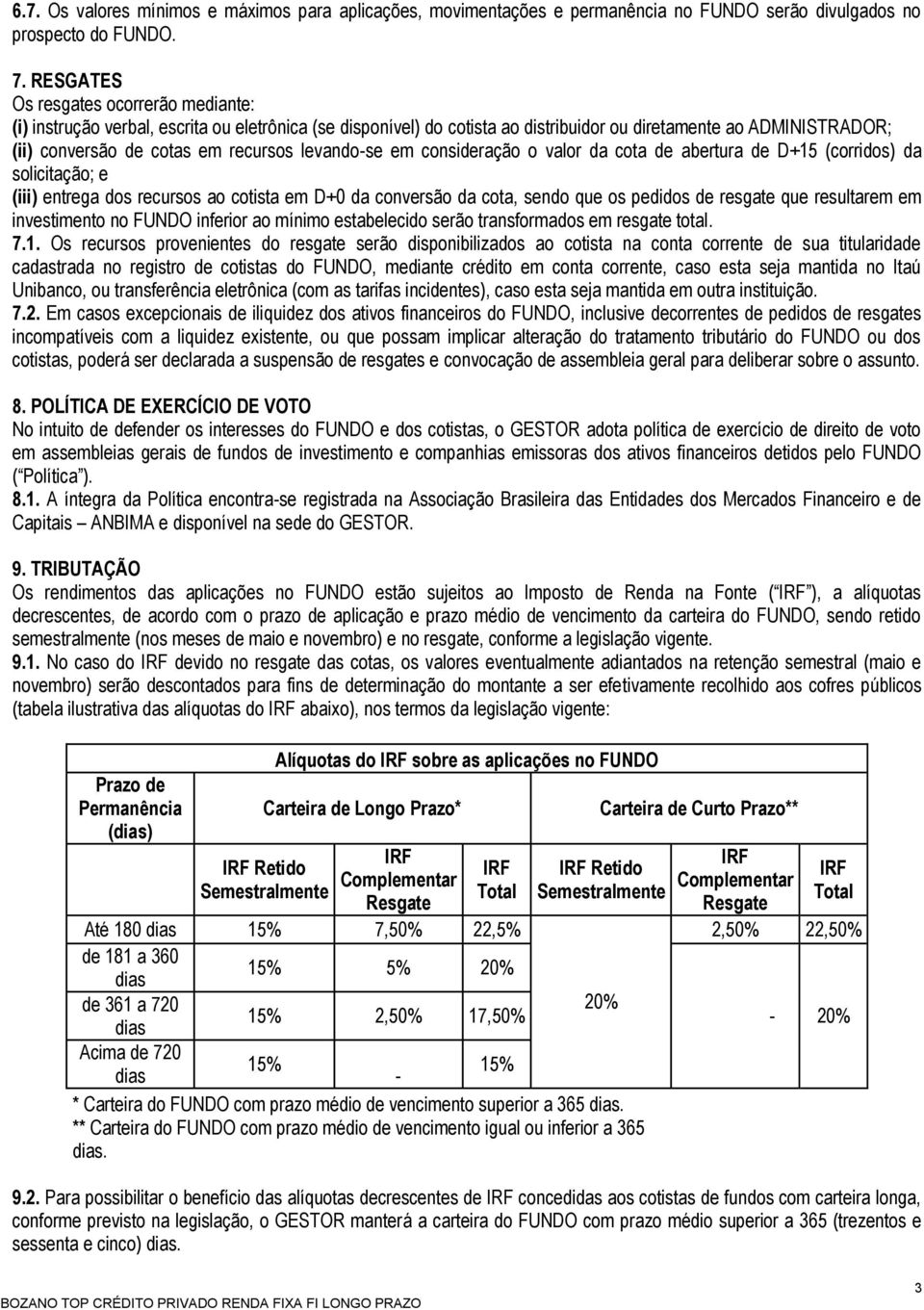 levando-se em consideração o valor da cota de abertura de D+15 (corridos) da solicitação; e (iii) entrega dos recursos ao cotista em D+0 da conversão da cota, sendo que os pedidos de resgate que