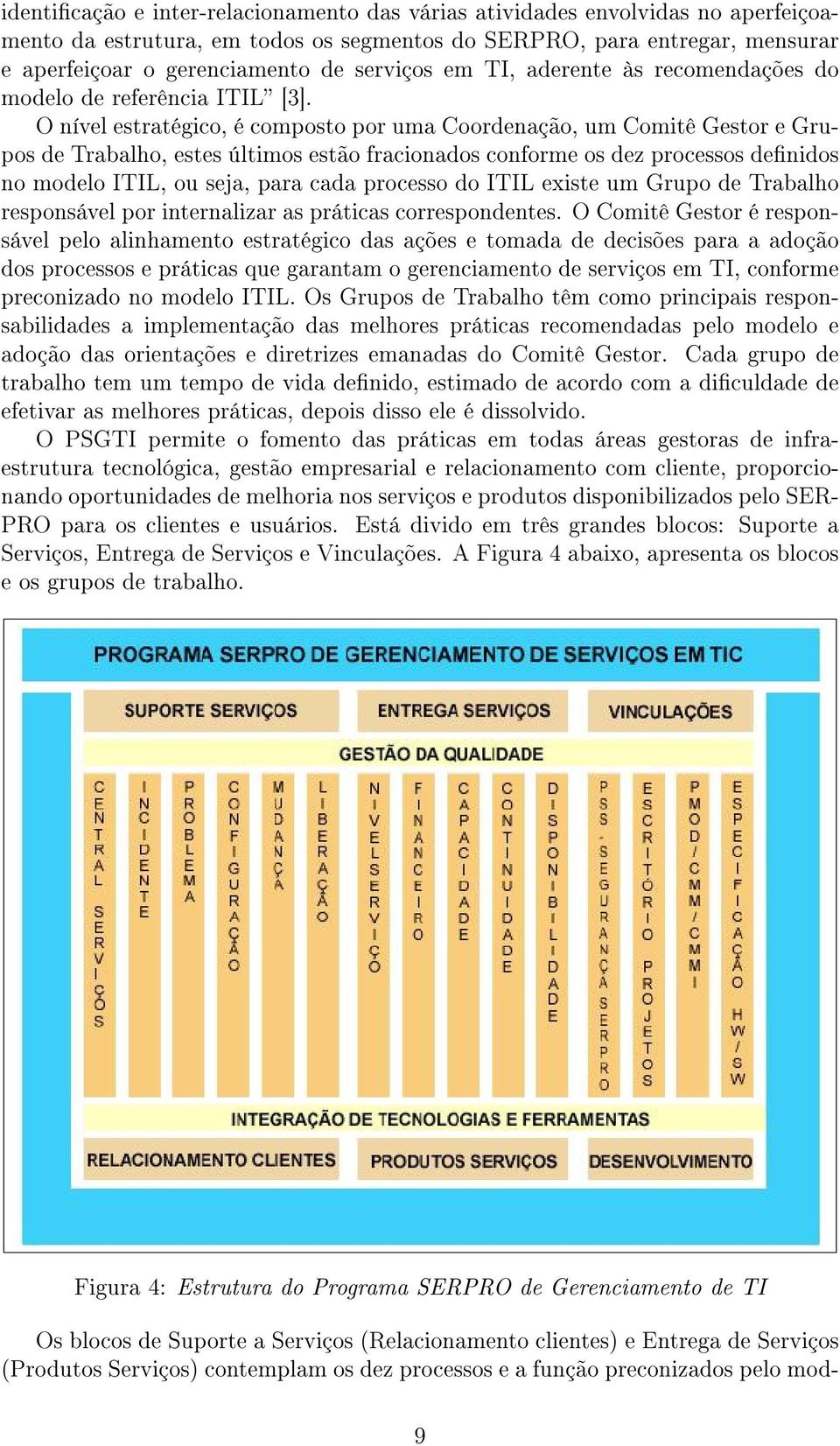 O nível estratégico, é composto por uma Coordenação, um Comitê Gestor e Grupos de Trabalho, estes últimos estão fracionados conforme os dez processos denidos no modelo ITIL, ou seja, para cada