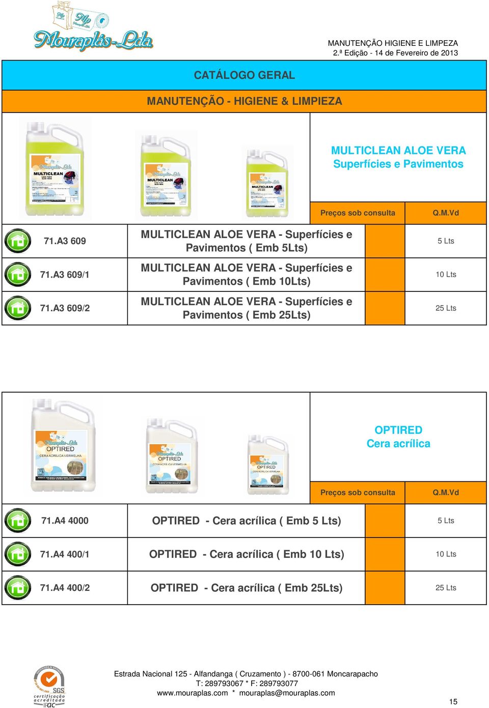 Pavimentos ( Emb 10Lts) MULTICLEAN ALOE VERA - Superfícies e Pavimentos ( Emb 25Lts) 2 OPTIRED Cera