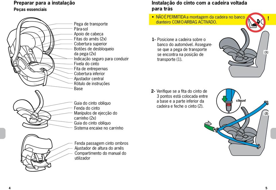 encaixe no carrinho Instalação do cinto com a cadeira voltada para trás NÃO É PERMITIDA a montagem da cadeira no banco dianteiro COM O AIRBAG ACTIVADO.