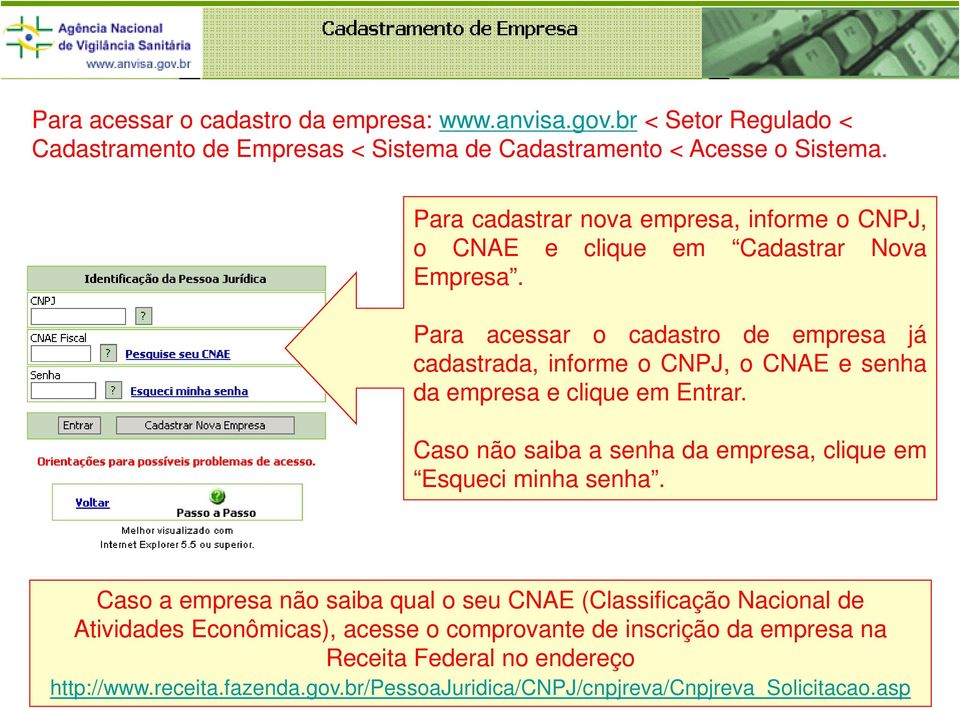 Para acessar o cadastro de empresa já cadastrada, informe o CNPJ, o CNAE e senha da empresa e clique em Entrar.