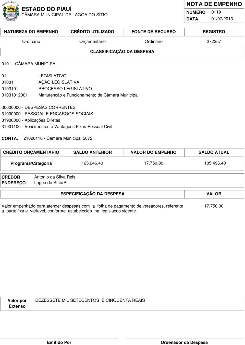 496,40 Antonio da Silva Reis Lagoa do Sítio/PI Valor empenhado para atender despesas com a folha de pagamento