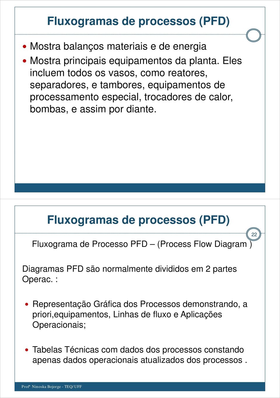 Fluxogramas de processos (PFD) 22 Fluxograma de Processo PFD (Process Flow Diagram ) Diagramas PFD são normalmente divididos idid em 2 partes Operac.