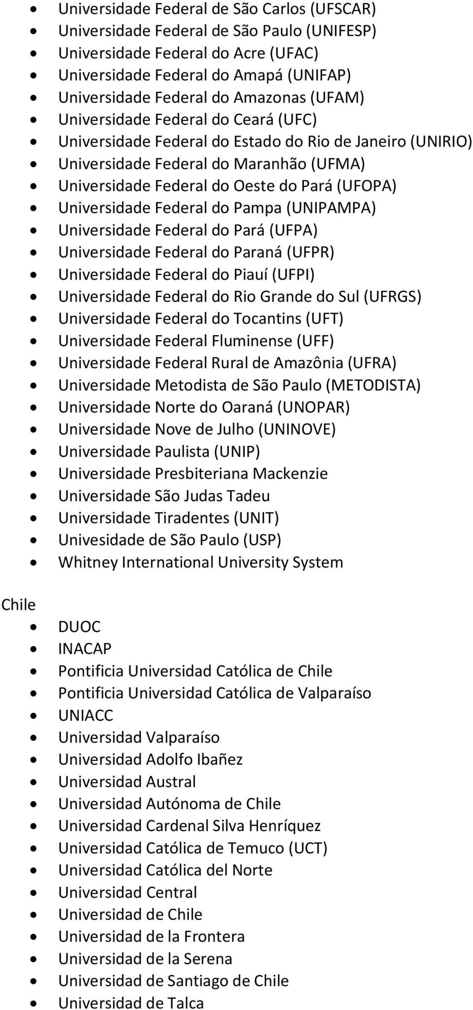 Universidade Federal do Pampa (UNIPAMPA) Universidade Federal do Pará (UFPA) Universidade Federal do Paraná (UFPR) Universidade Federal do Piauí (UFPI) Universidade Federal do Rio Grande do Sul