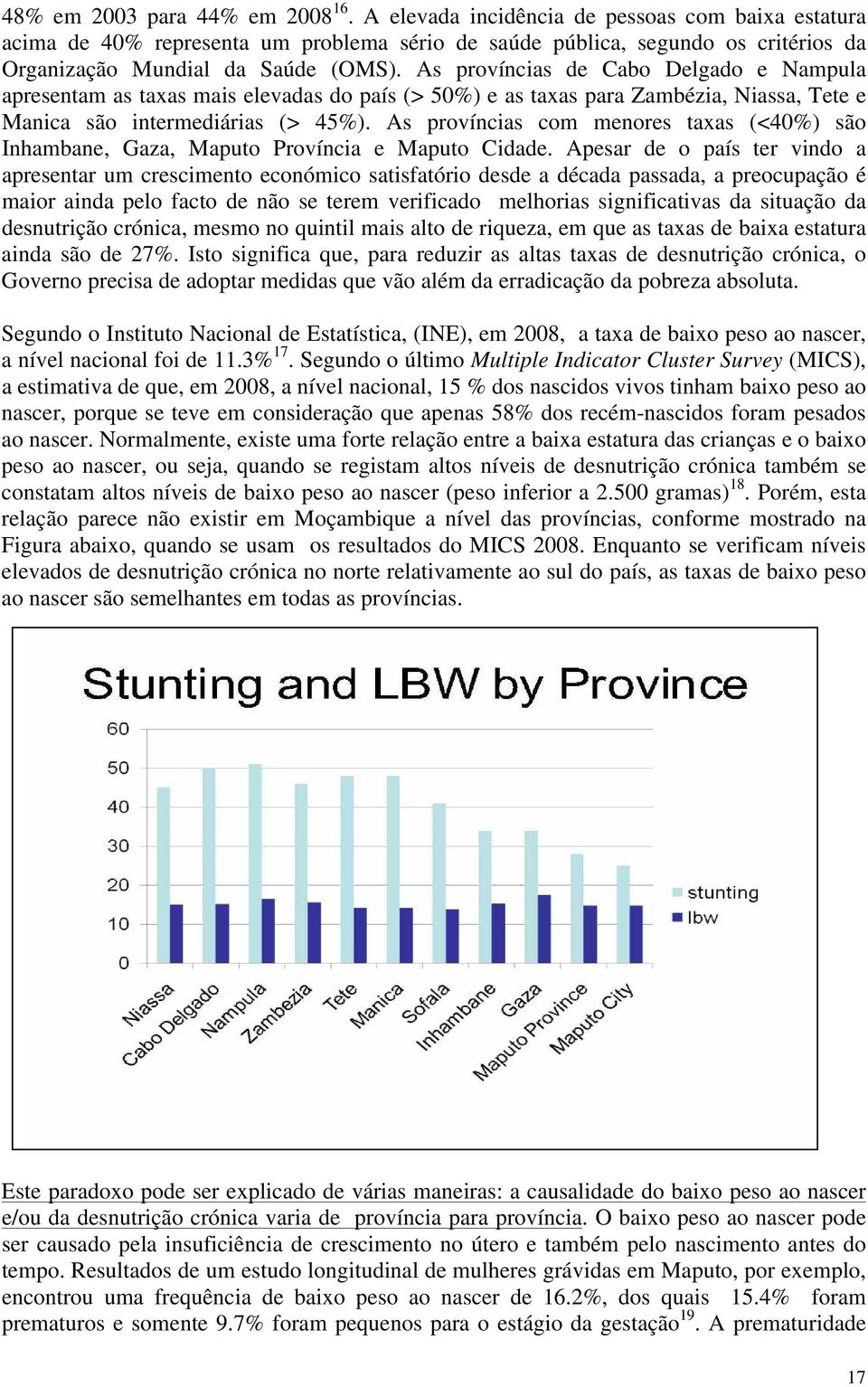 As províncias de Cabo Delgado e Nampula apresentam as taxas mais elevadas do país (> 50%) e as taxas para Zambézia, Niassa, Tete e Manica são intermediárias (> 45%).