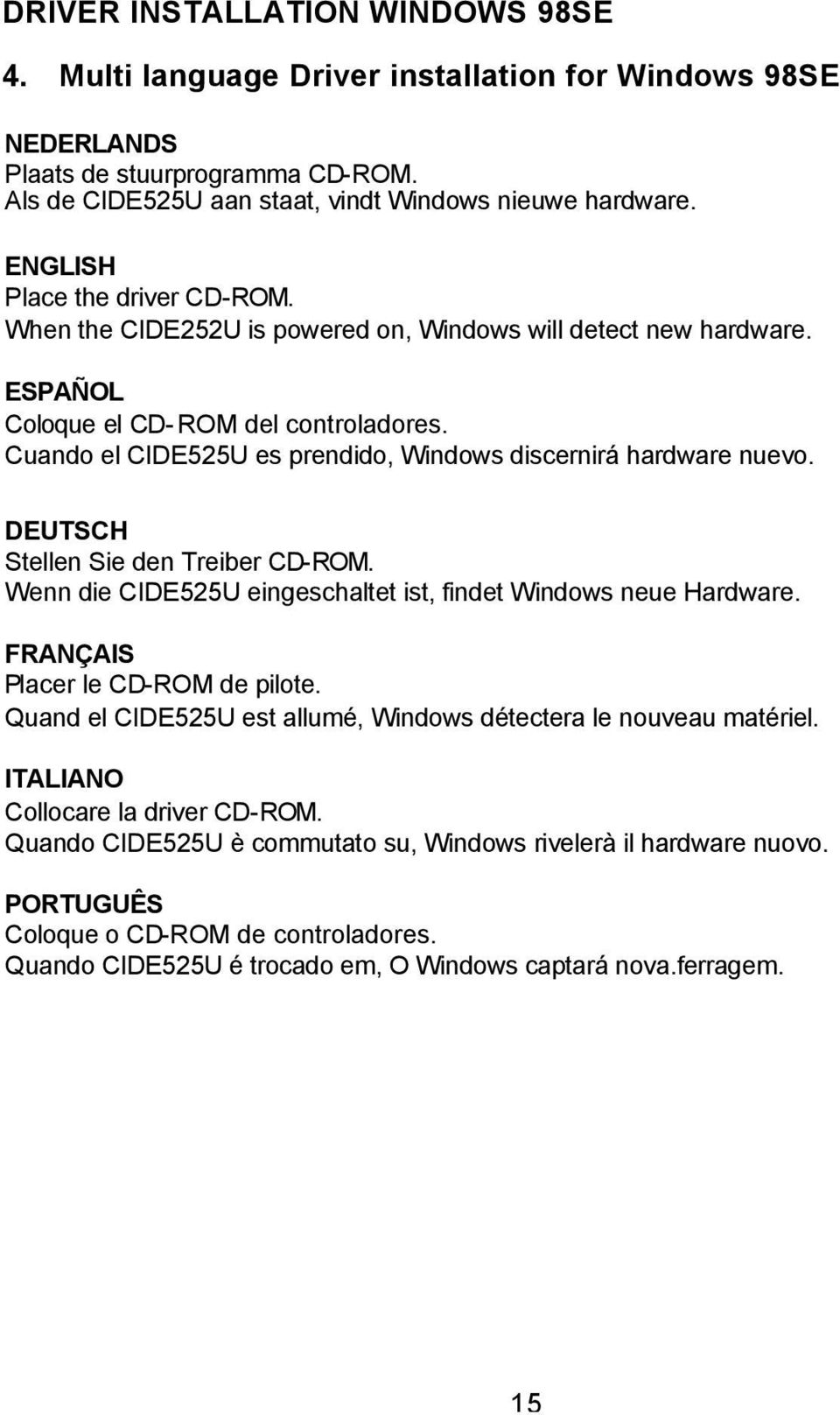 Cuando el CIDE525U es prendido, Windows discernirá hardware nuevo. DEUTSCH Stellen Sie den Treiber CD-ROM. Wenn die CIDE525U eingeschaltet ist, findet Windows neue Hardware.