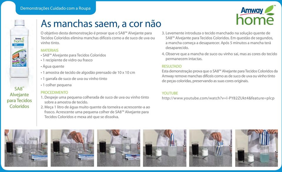 SA8 Alvejante para Tecidos Coloridos 1 recipiente de vidro ou frasco Água quente 1 amostra de tecido de algodão prensado de 10 x 10 cm 1 garrafa de suco de uva ou vinho tinto 1 colher pequena 1.