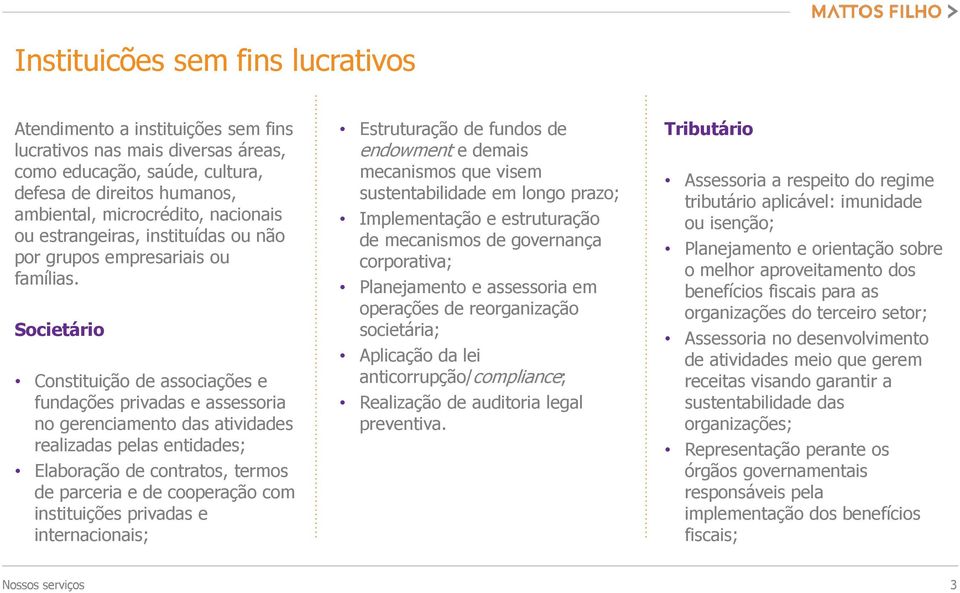 Societário Constituição de associações e fundações privadas e assessoria no gerenciamento das atividades realizadas pelas entidades; Elaboração de contratos, termos de parceria e de cooperação com