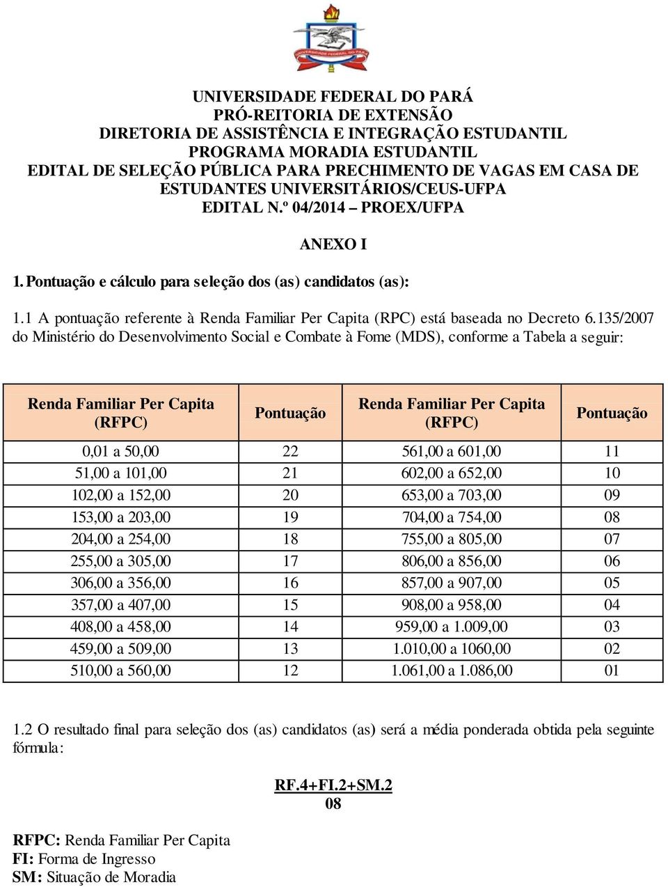 1 A pontuação referente à Renda Familiar Per Capita (RPC) está baseada no Decreto 6.