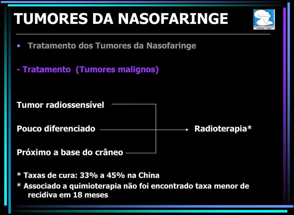 Radioterapia* Próximo a base do crâneo * Taxas de cura: 33% a 45% na