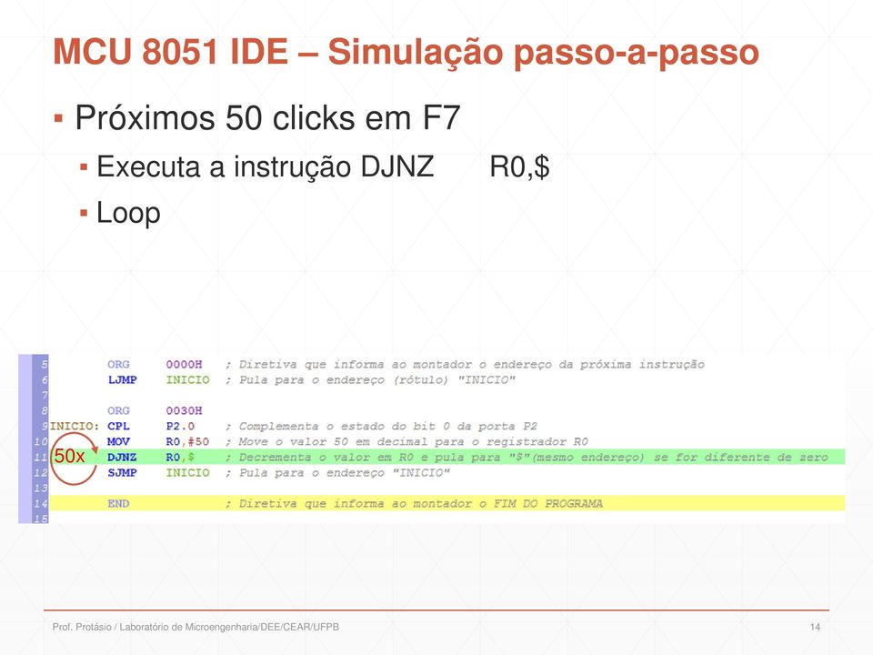 instrução DJNZ Loop R0,$ 50x Prof.