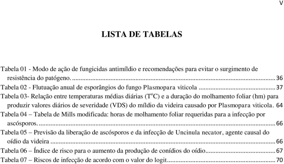 .. 37 Tabela 03- Relação entre temperaturas médias diárias (T o C) e a duração do molhamento foliar (hm) para produzir valores diários de severidade (VDS) do míldio da videira causado por Plasmopara