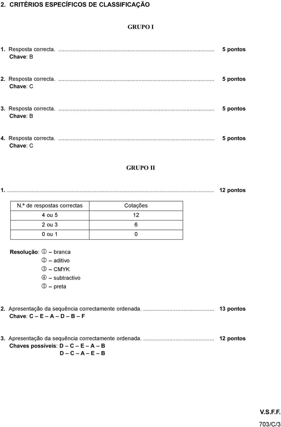 º de respostas correctas Cotações 4 ou 5 12 2 ou 3 6 0 ou 1 0 Resolução: 1 branca Resolução: 2 aditivo Resolução: 3 CMYK Resolução: 4 subtractivo Resolução: 5