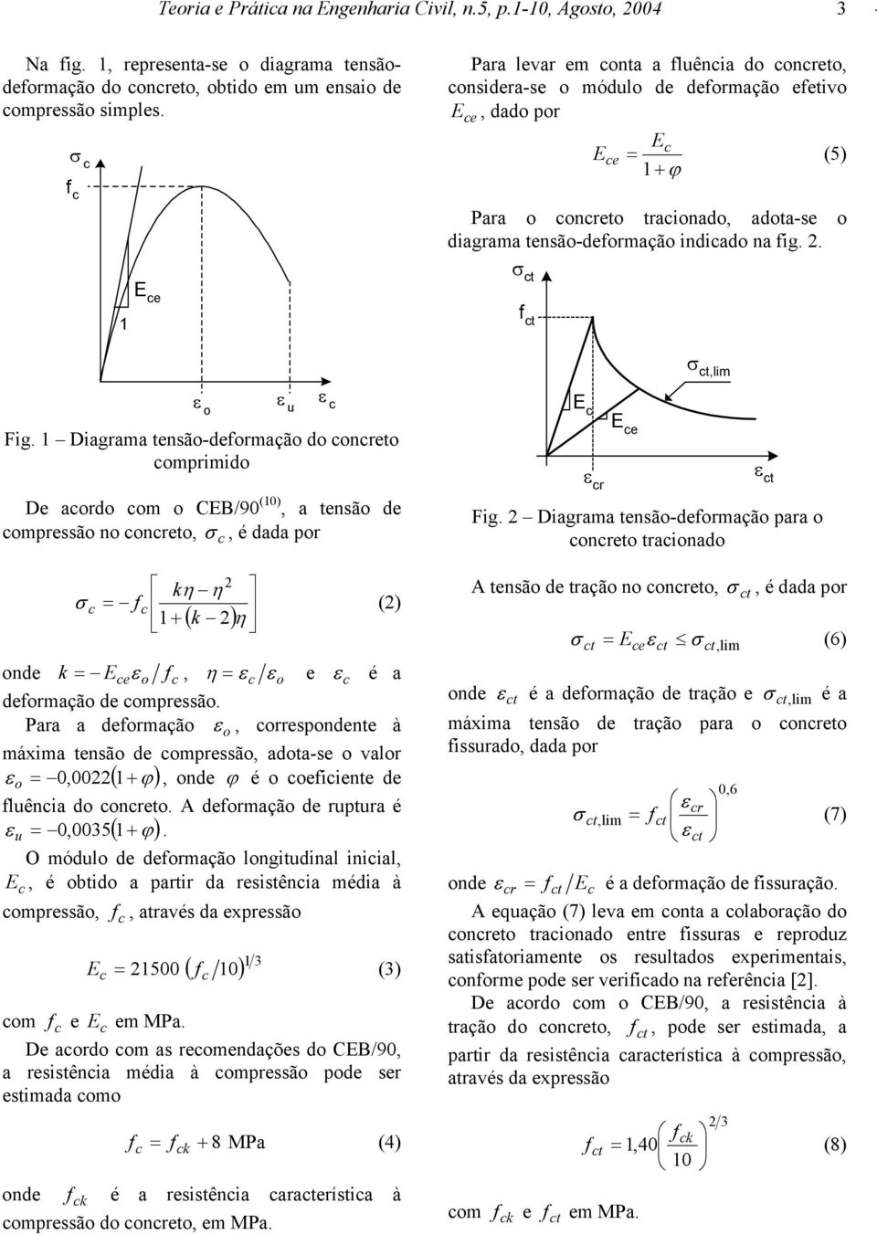 tensã-defrmaçã d cncret cmprimid De acrd cm CEB/90 (10), a tensã de cmpressã n cncret, σ, é dada pr c 2 kη η σ c = f c (2) 1+ ( k 2) η nde k = E ce ε fc, η = ε c ε e ε c é a defrmaçã de cmpressã Para