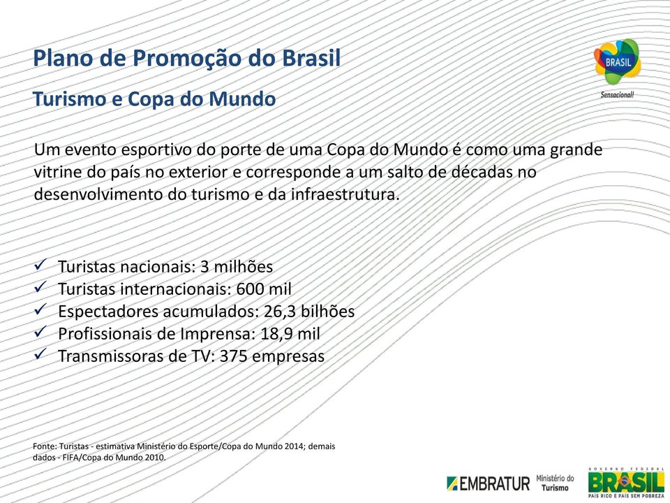 Turistas nacionais: 3 milhões Turistas internacionais: 600 mil Espectadores acumulados: 26,3 bilhões Profissionais de Imprensa: