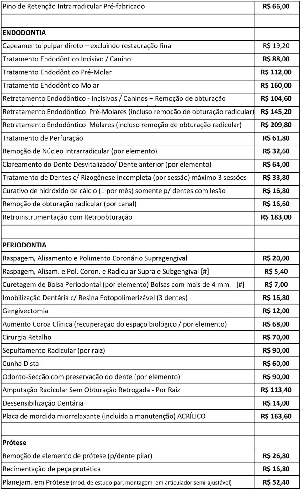 remoção de Pré-Molares obturação radicular) (incluso remoção de obturação radicular) R$ 145,20 Retratamento Endodôntico Molares (incluso remoção de obturação radicular) R$ 209,80 Tratamento de