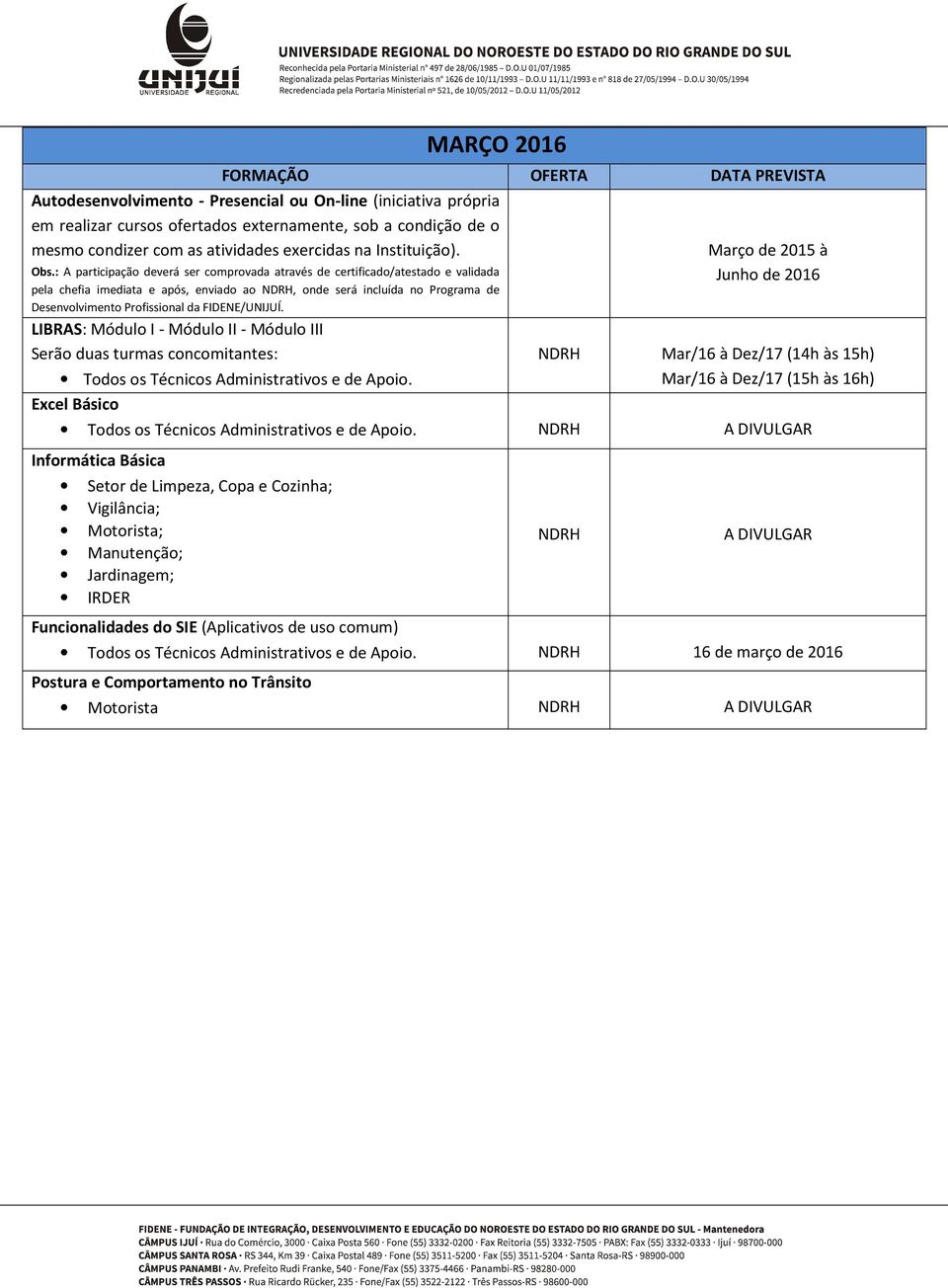 NDRH Mar/16 à Dez/17 (14h às 15h) Mar/16 à Dez/17 (15h às 16h) Excel Básico Informática Básica Setor de Limpeza, Copa e