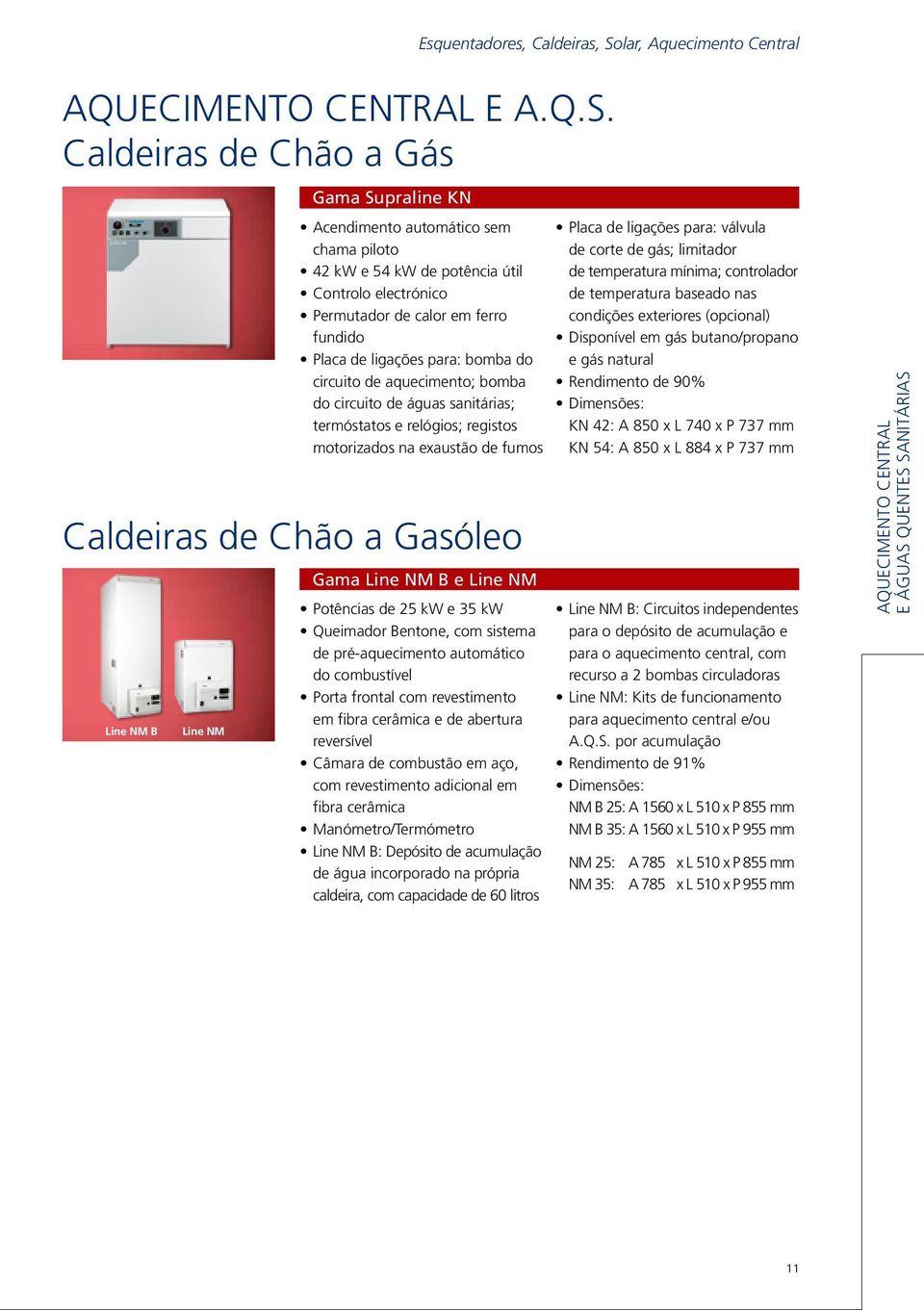 Caldeiras de Chão a Gás Gama Supraline KN Acendimento automático sem chama piloto 42 kw e 54 kw de potência útil Controlo electrónico Permutador de calor em ferro fundido Placa de ligações para: