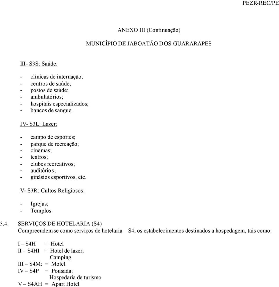 IV- S3L: Lazer: - campo de esportes; - parque de recreação; - cinemas; - teatros; - clubes recreativos; - auditórios; - ginásios esportivos, etc.