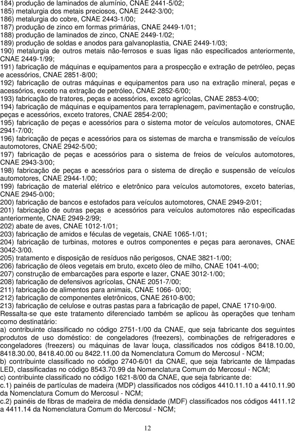 não especificados anteriormente, CNAE 2449-1/99; 191) fabricação de máquinas e equipamentos para a prospecção e extração de petróleo, peças e acessórios, CNAE 2851-8/00; 192) fabricação de outras