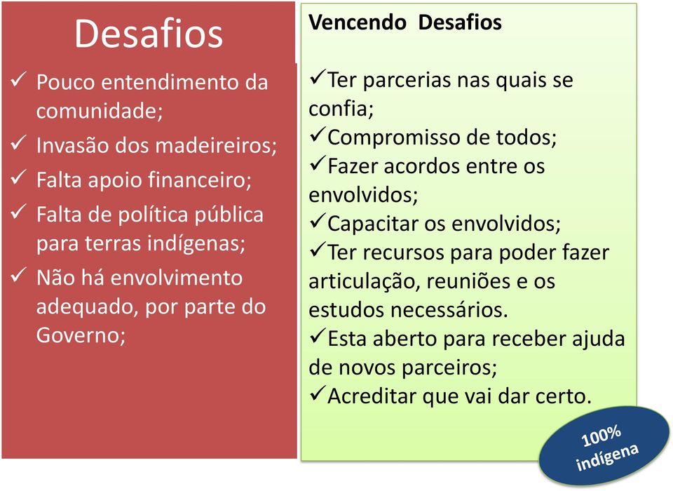 confia; Compromisso de todos; Fazer acordos entre os envolvidos; Capacitar os envolvidos; Ter recursos para poder fazer