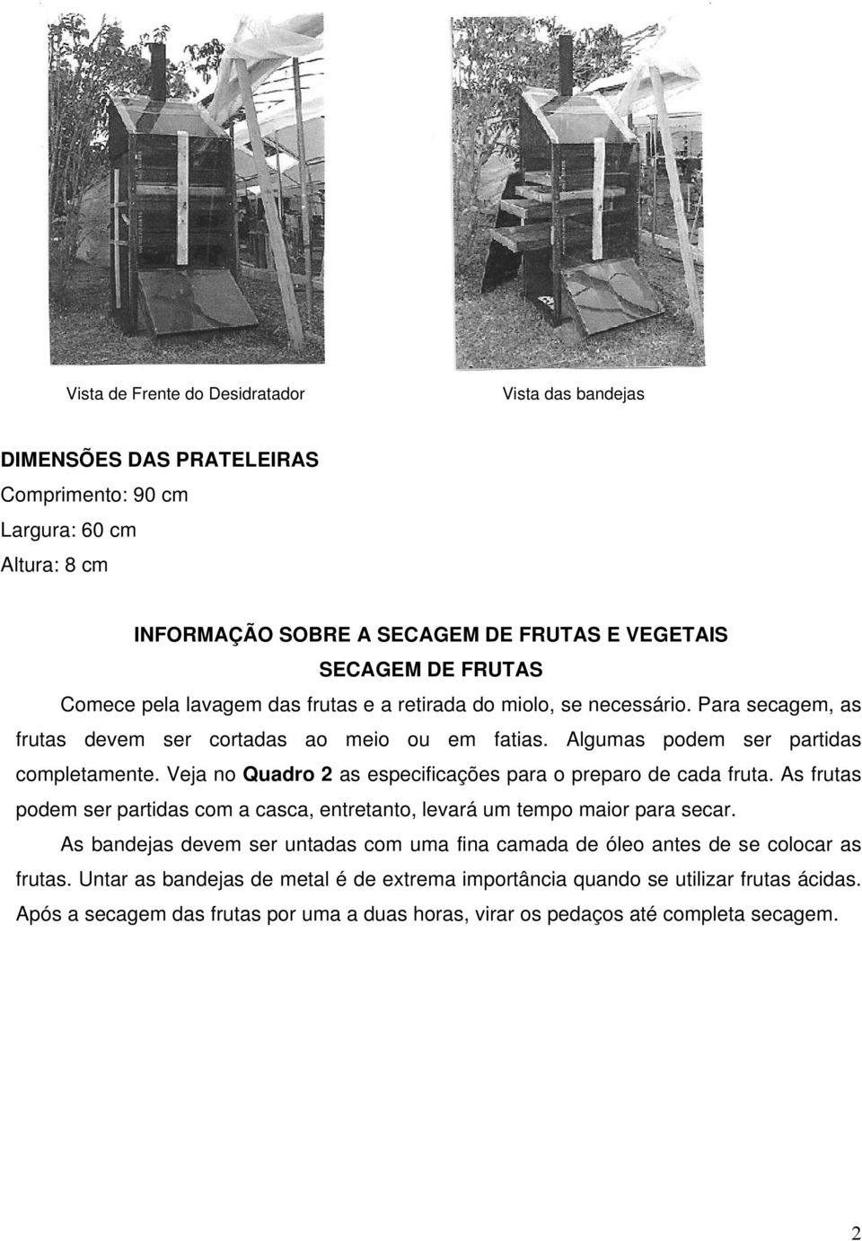 Veja no Quadro 2 as especificações para o preparo de cada fruta. As frutas podem ser partidas com a casca, entretanto, levará um tempo maior para secar.