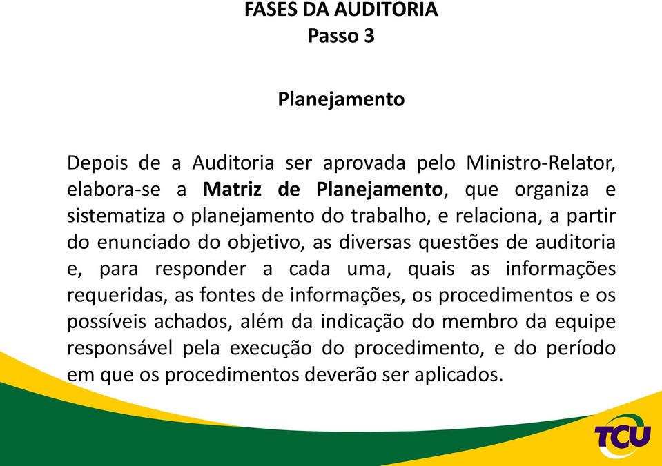 responder a cada uma, quais as informações requeridas, as fontes de informações, os procedimentos e os possíveis achados, além da